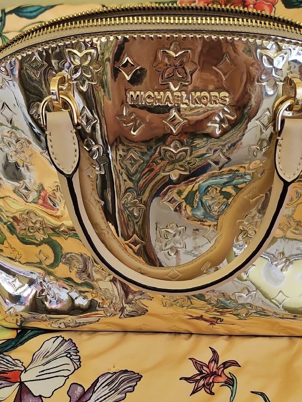 Michael Kors Shiny Gold Embossed Dome Satchel